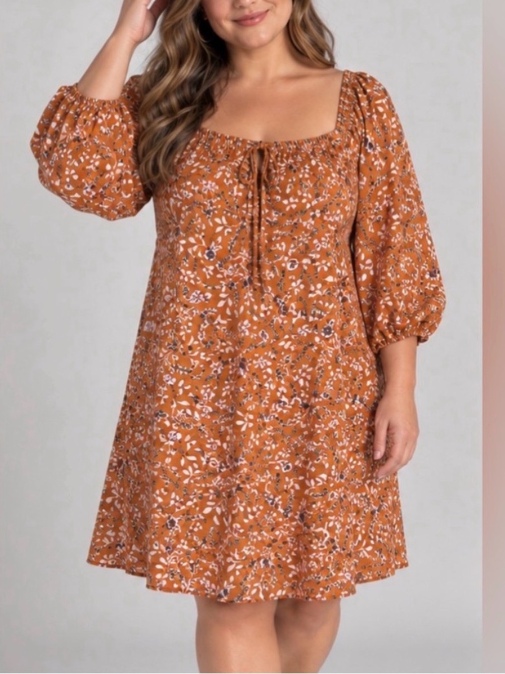 AUW Rust Floral Square-Neck Midi Dress with Puff Sleeves 2X
